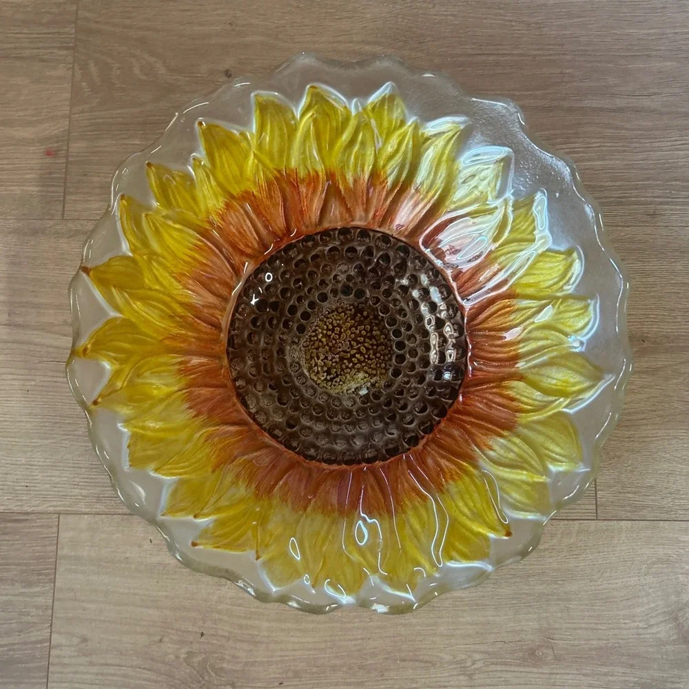 Hand Painted Sunflower Glass Bowl Scalloped Edge Floral Decorative Serving Dish